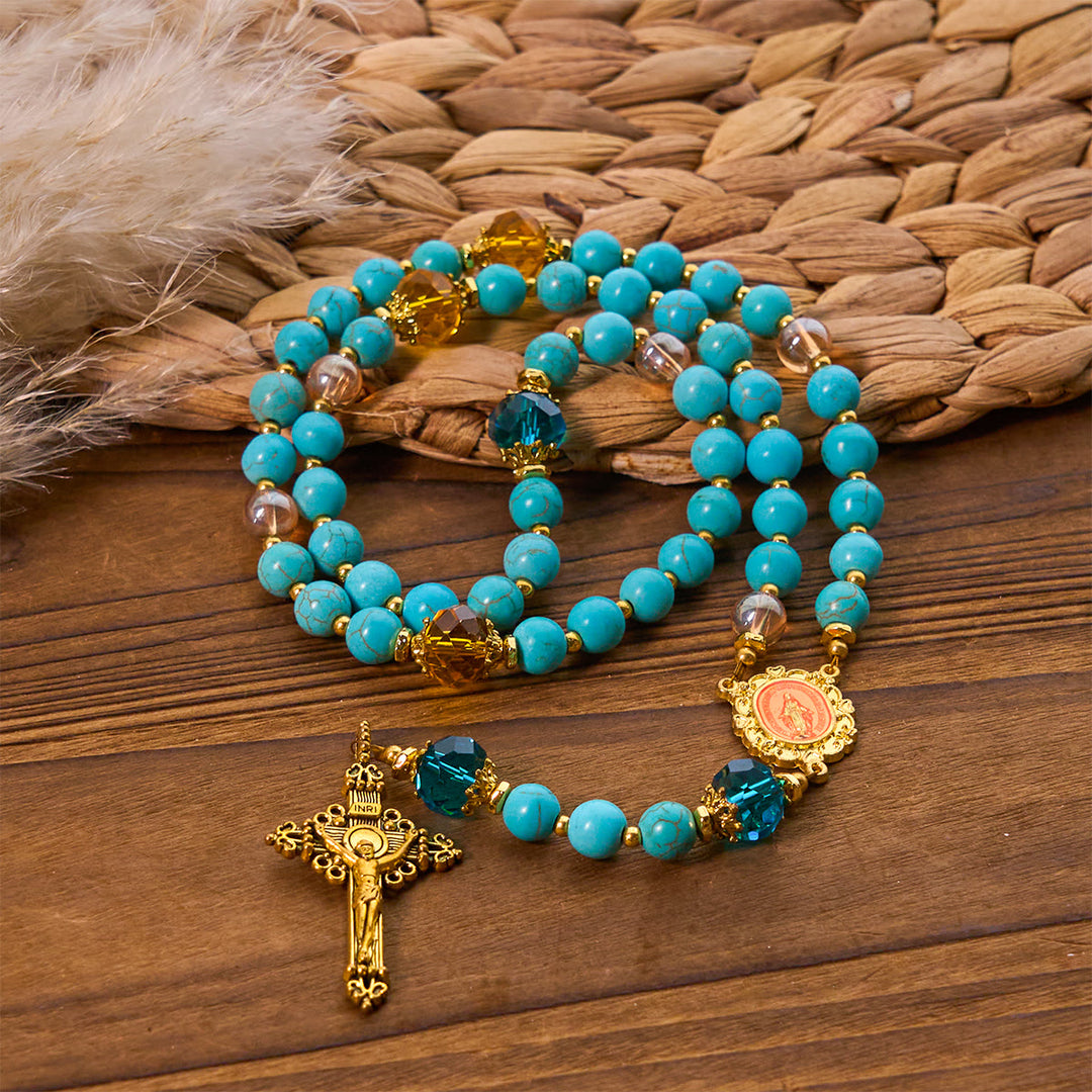 Christianartworkshop Chapelet classique en perles turquoise et alliage doré avec crucifix et médaille miraculeuse - image 3