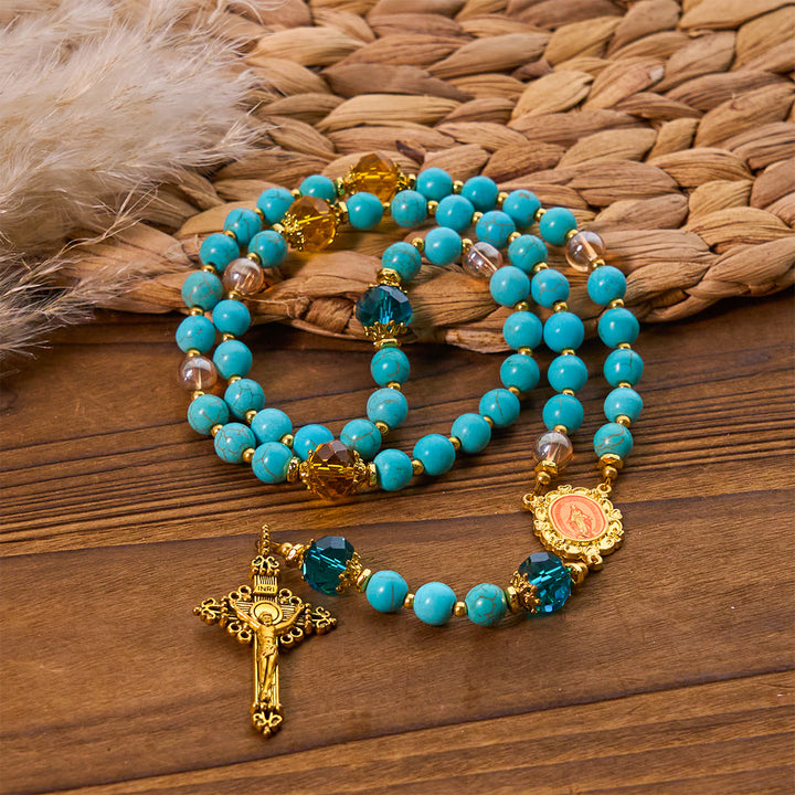 Christianartworkshop Chapelet classique en perles turquoise et alliage doré avec crucifix et médaille miraculeuse - image 3