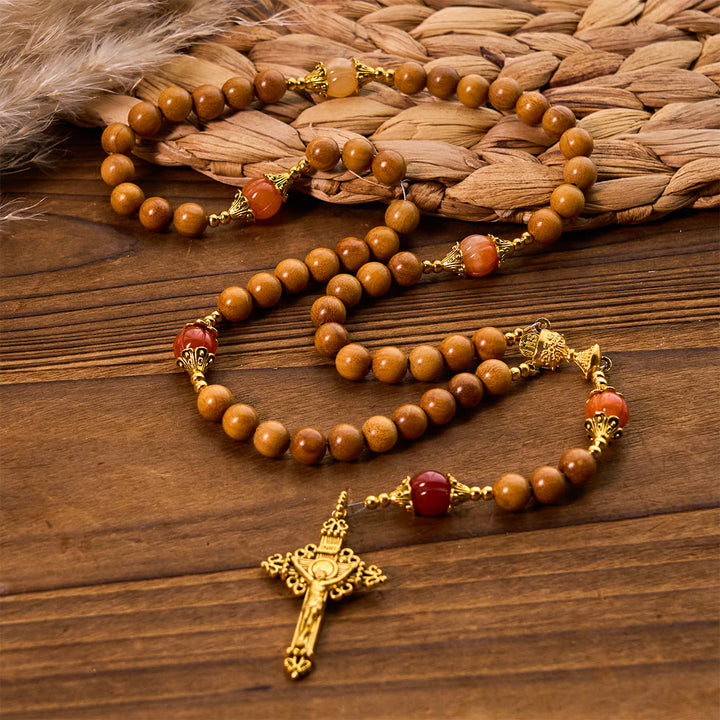Christianartworkshop Chapelet de dévotion de Thanksgiving en bois de santal avec pierres précieuses citrouille Golden Grace et Saint Graal - Bois - image 0