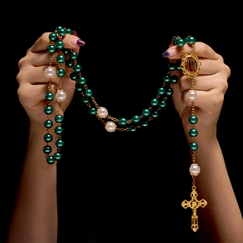 Christianartworkshop Chapelet de perles turquoise avec crucifix doré et médaille miraculeuse - image 1
