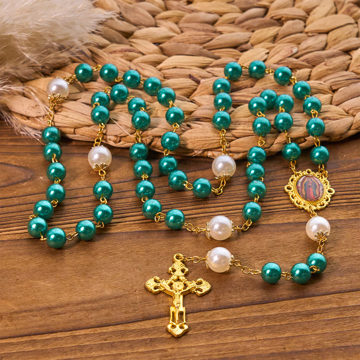 Christianartworkshop Chapelet de perles turquoise avec crucifix doré et médaille miraculeuse - Crucifix et médaille miraculeuse - image 0