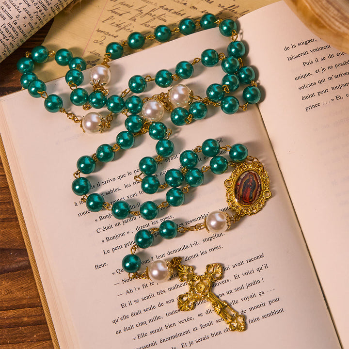 Christianartworkshop Chapelet de perles turquoise avec crucifix doré et médaille miraculeuse - image 2