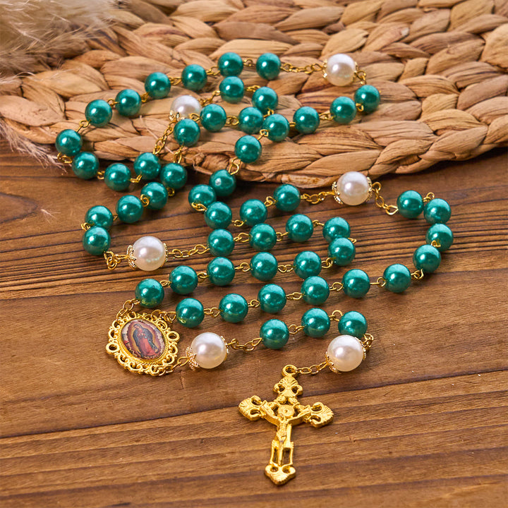 Christianartworkshop Chapelet de perles turquoise avec crucifix doré et médaille miraculeuse - image 3
