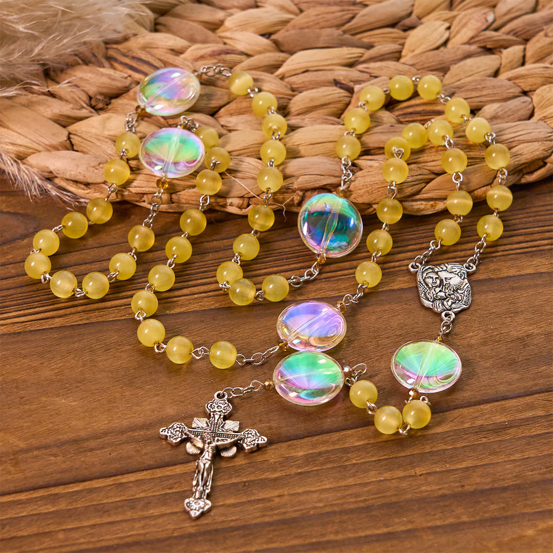 Christianartworkshop Chapelet catholique unique surdimensionné à perles arc-en-ciel aurore boréale avec médaille de la Sainte Famille - Sainte Famille et crucifix - image 0