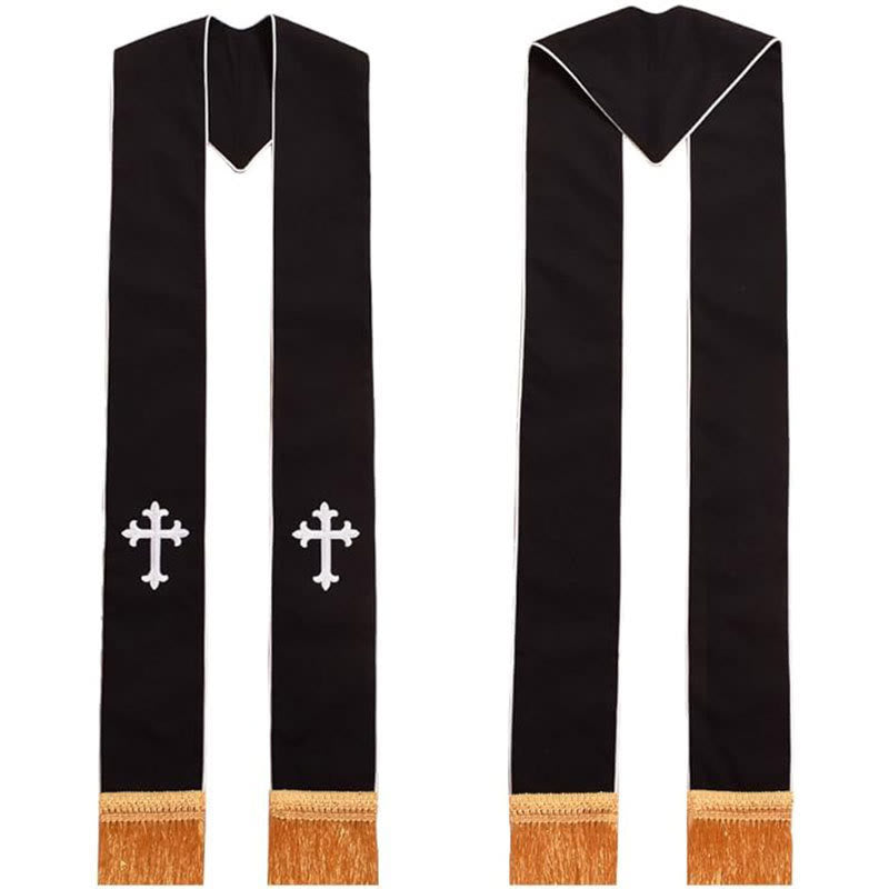 Étole de clergé traditionnelle multicolore de Christianartworkshop : broderie de croix et détails de pompon doré - Blanc-1 - Liturgie standard (270 cm au total) - image 0