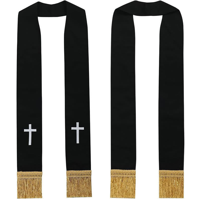 Étole de clergé traditionnelle multicolore de Christianartworkshop : broderie de croix et détails de pompon doré - Blanc-2 - Liturgie standard (270 cm au total) - image 1