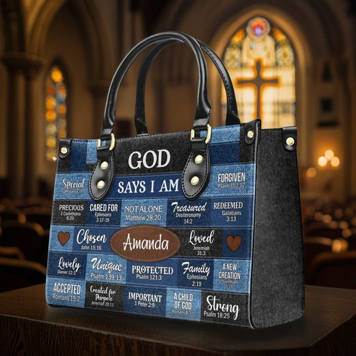 Christianartworkshop Sac à main en cuir personnalisé à motif patchwork bleu et marron avec citations bibliques - XL - Standard (sans personnalisation) - image 0