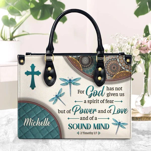 Christianartworkshop Sac à main en cuir personnalisé Foi et Nature : Croix, libellules et verset biblique - XL - Standard (sans personnalisation) - image 0