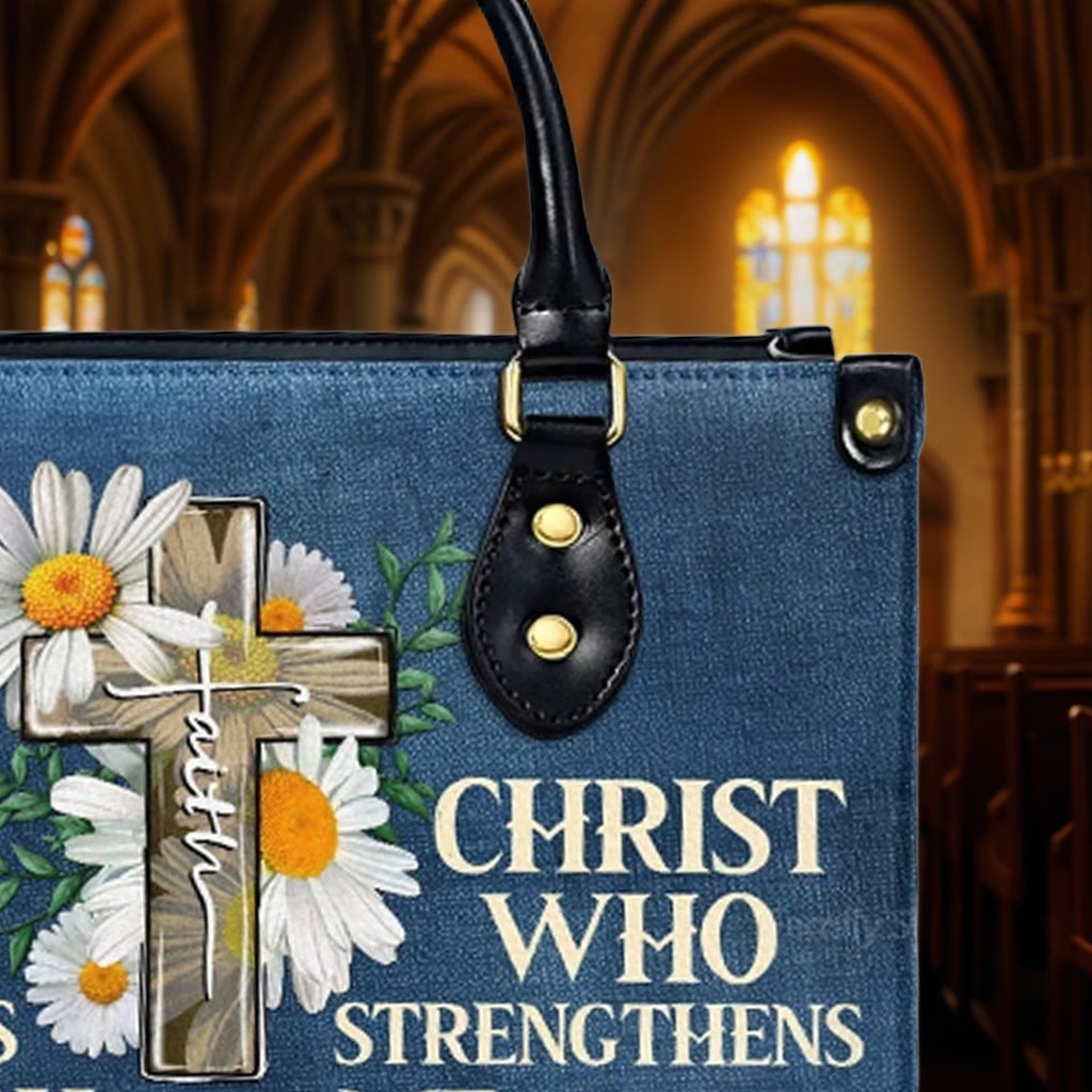Christianartworkshop Je peux tout faire grâce au Christ. Sac à main en cuir personnalisé à motif marguerite. - image 7