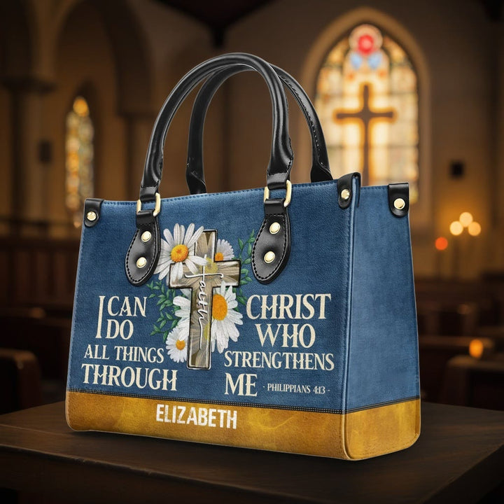 Christianartworkshop Je peux tout faire grâce au Christ. Sac à main en cuir personnalisé à motif marguerite. - XL - Standard (sans personnalisation) - image 0