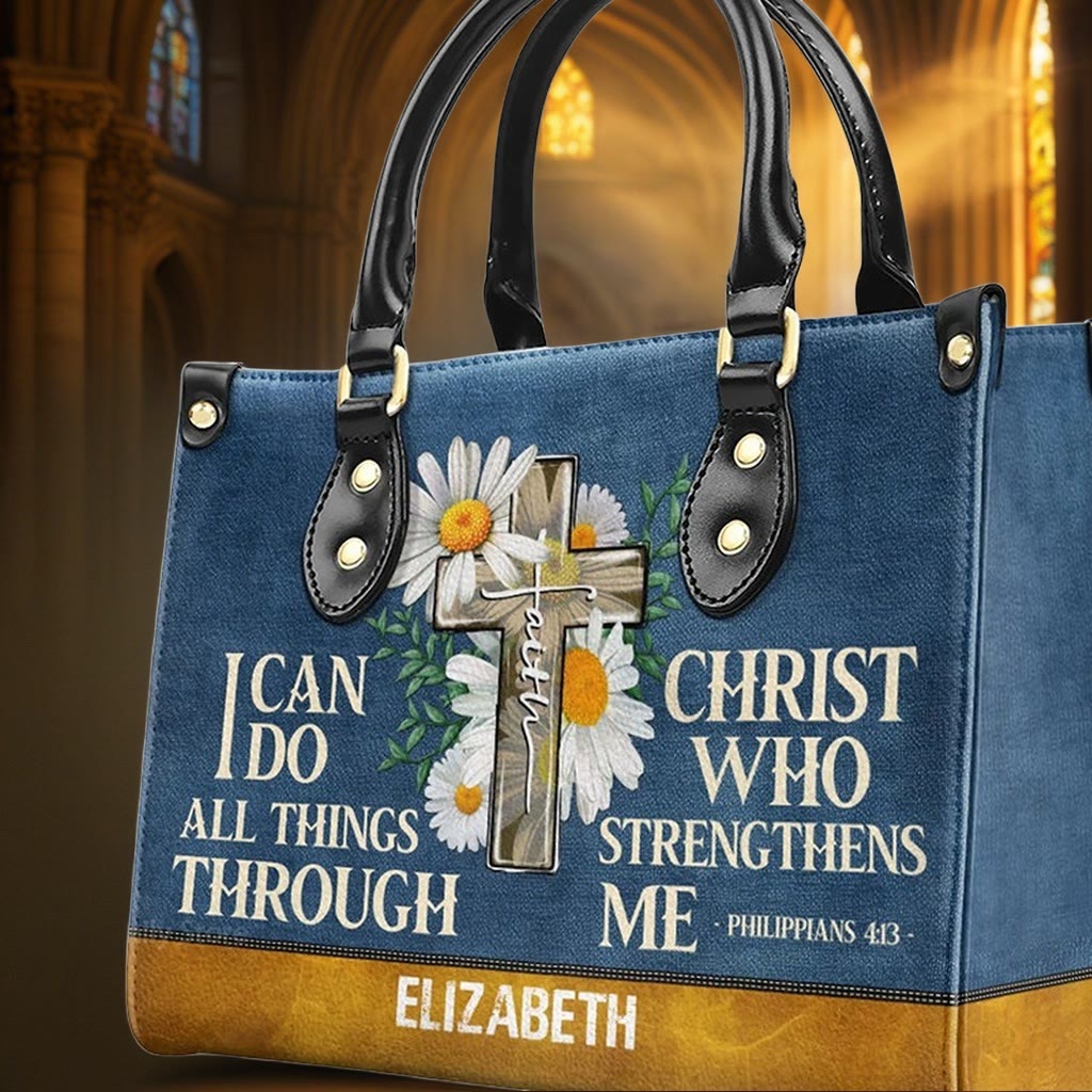 Christianartworkshop Je peux tout faire grâce au Christ. Sac à main en cuir personnalisé à motif marguerite. - image 6