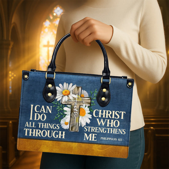 Christianartworkshop Je peux tout faire grâce au Christ. Sac à main en cuir personnalisé à motif marguerite. - image 1