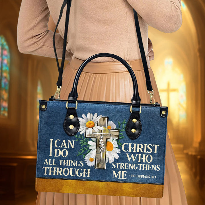 Christianartworkshop Je peux tout faire grâce au Christ. Sac à main en cuir personnalisé à motif marguerite. - image 2