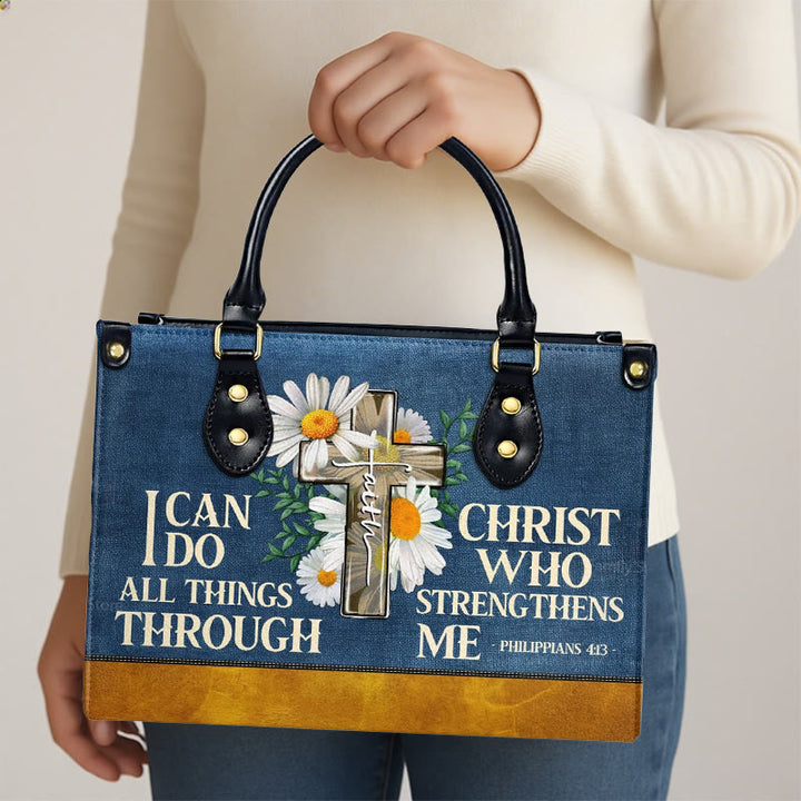 Christianartworkshop Je peux tout faire grâce au Christ. Sac à main en cuir personnalisé à motif marguerite. - image 3