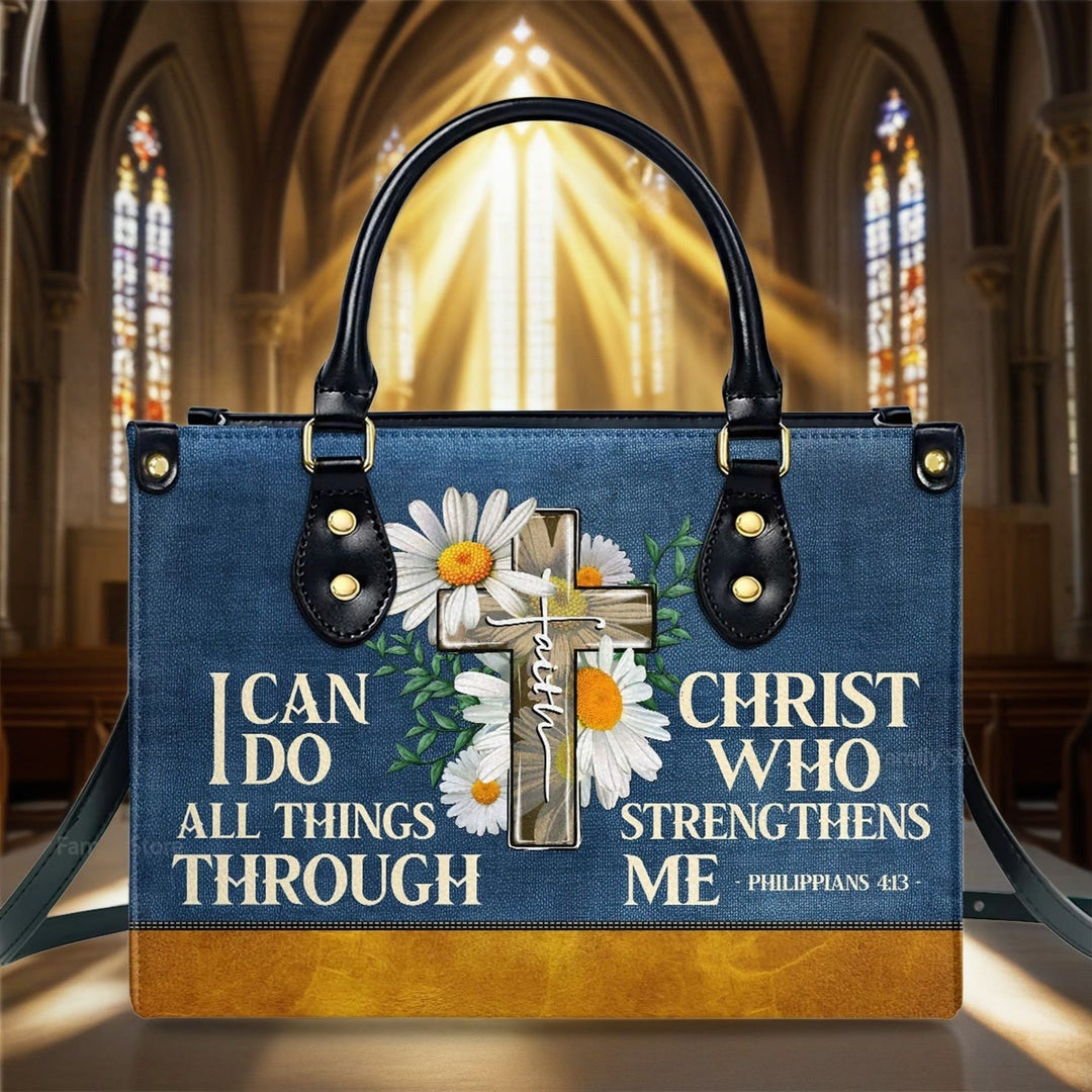 Christianartworkshop Je peux tout faire grâce au Christ. Sac à main en cuir personnalisé à motif marguerite. - image 5