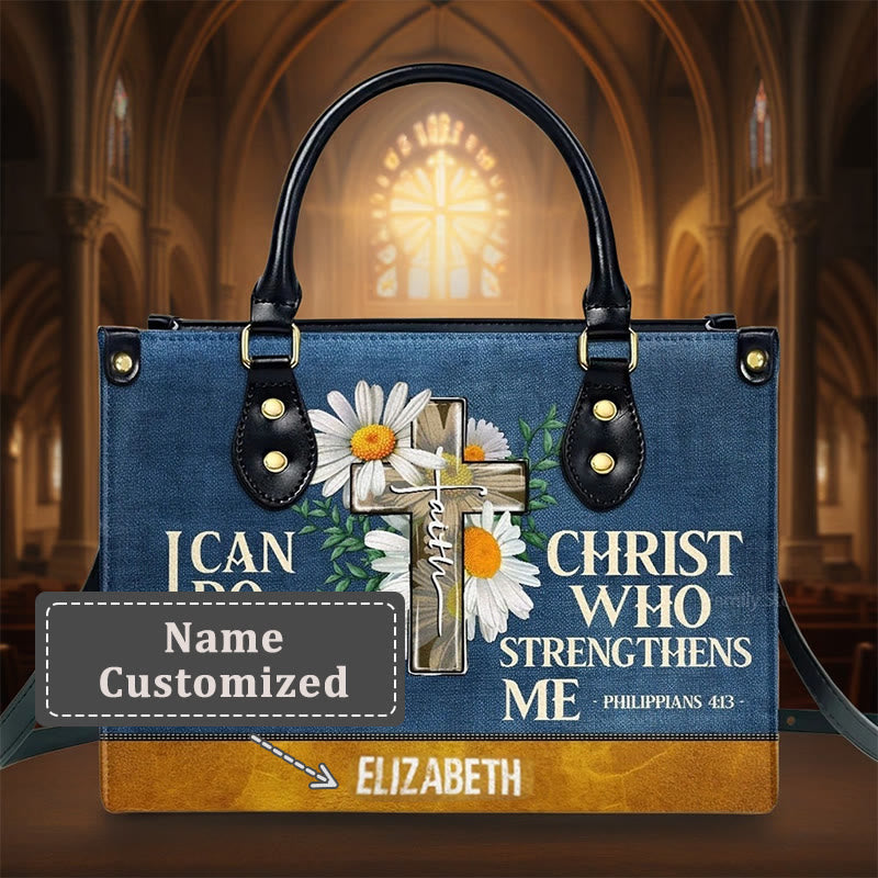 Christianartworkshop Je peux tout faire grâce au Christ. Sac à main en cuir personnalisé à motif marguerite. - XL - Nom personnalisé - image 4
