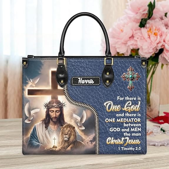 Christianartworkshop Sac à main en cuir personnalisé avec Jésus, un lion et le verset 1 Timothée 2:5 - XL - Standard (sans personnalisation) - image 0