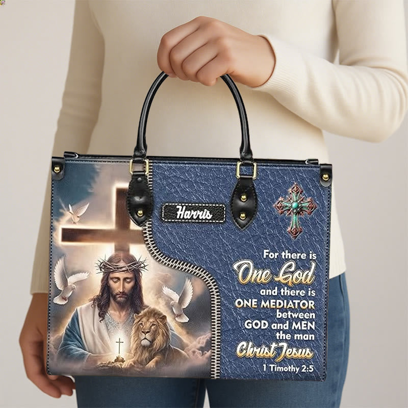 Christianartworkshop Sac à main en cuir personnalisé avec Jésus, un lion et le verset 1 Timothée 2:5 - image 1