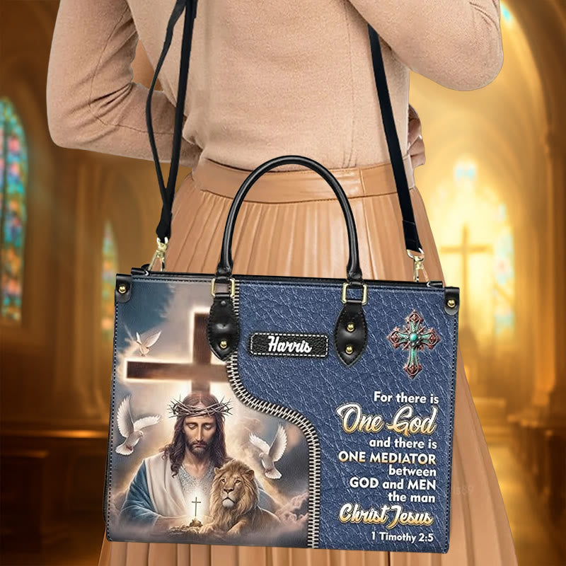 Christianartworkshop Sac à main en cuir personnalisé avec Jésus, un lion et le verset 1 Timothée 2:5 - image 2