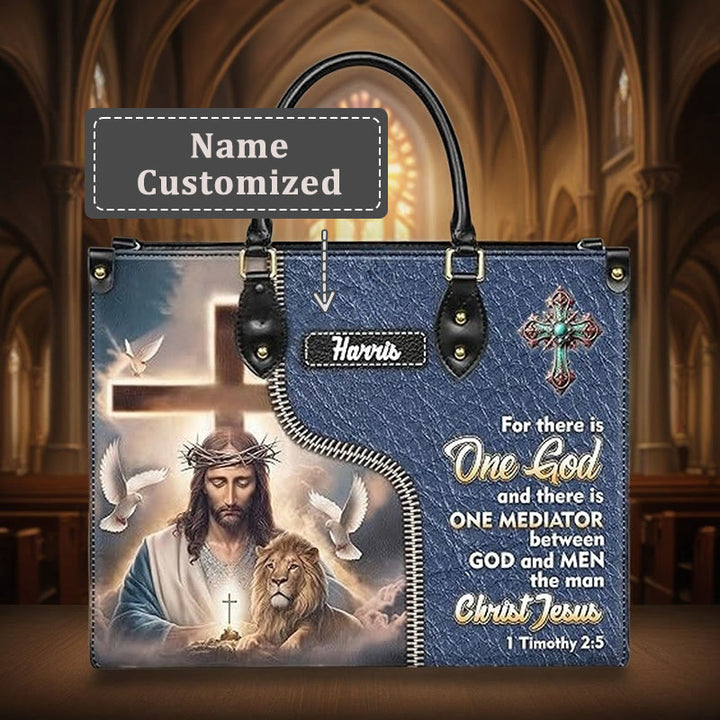 Christianartworkshop Sac à main en cuir personnalisé avec Jésus, un lion et le verset 1 Timothée 2:5 - XL - Nom personnalisé - image 5