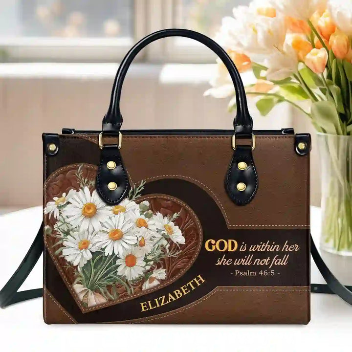 Christianartworkshop Sac à main en cuir personnalisé inspiré du Psaume 46:5, orné de marguerites et d'un cœur - image 6