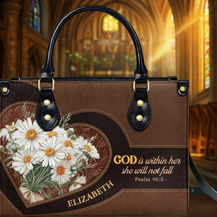 Christianartworkshop Sac à main en cuir personnalisé inspiré du Psaume 46:5, orné de marguerites et d'un cœur - image 2