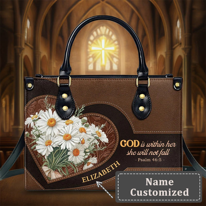 Christianartworkshop Sac à main en cuir personnalisé inspiré du Psaume 46:5, orné de marguerites et d'un cœur - XL - Nom personnalisé - image 7