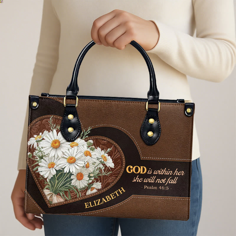 Christianartworkshop Sac à main en cuir personnalisé inspiré du Psaume 46:5, orné de marguerites et d'un cœur - image 5