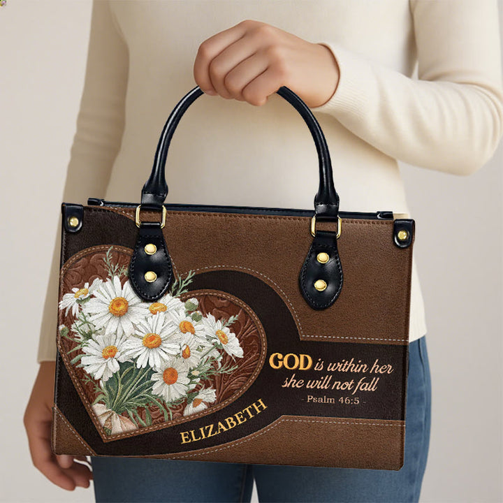 Christianartworkshop Sac à main en cuir personnalisé inspiré du Psaume 46:5, orné de marguerites et d'un cœur - image 5