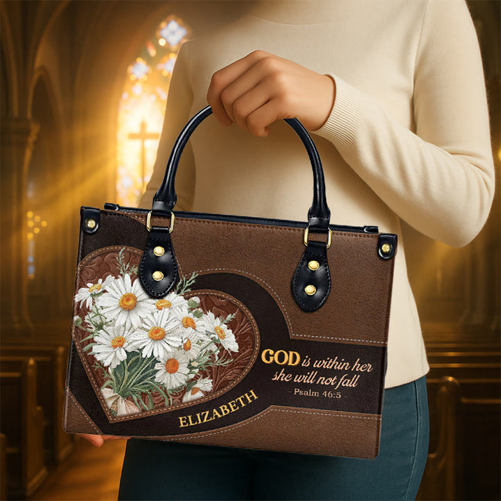 Christianartworkshop Sac à main en cuir personnalisé inspiré du Psaume 46:5, orné de marguerites et d'un cœur - image 3