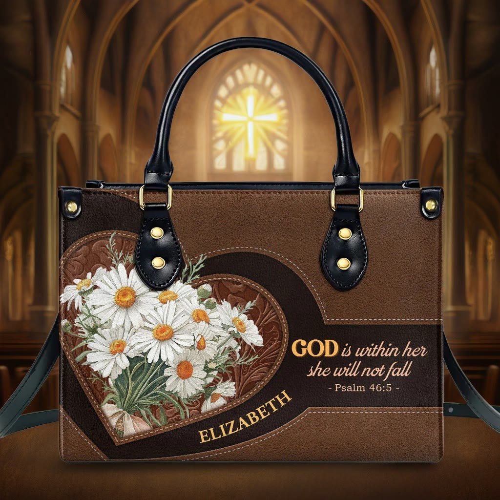 Christianartworkshop Sac à main en cuir personnalisé inspiré du Psaume 46:5, orné de marguerites et d'un cœur - XL - Standard (sans personnalisation) - image 0