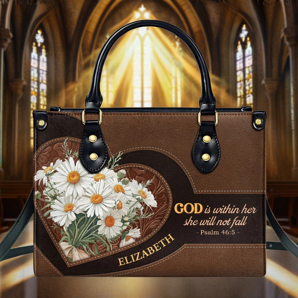 Christianartworkshop Sac à main en cuir personnalisé inspiré du Psaume 46:5, orné de marguerites et d'un cœur - image 1