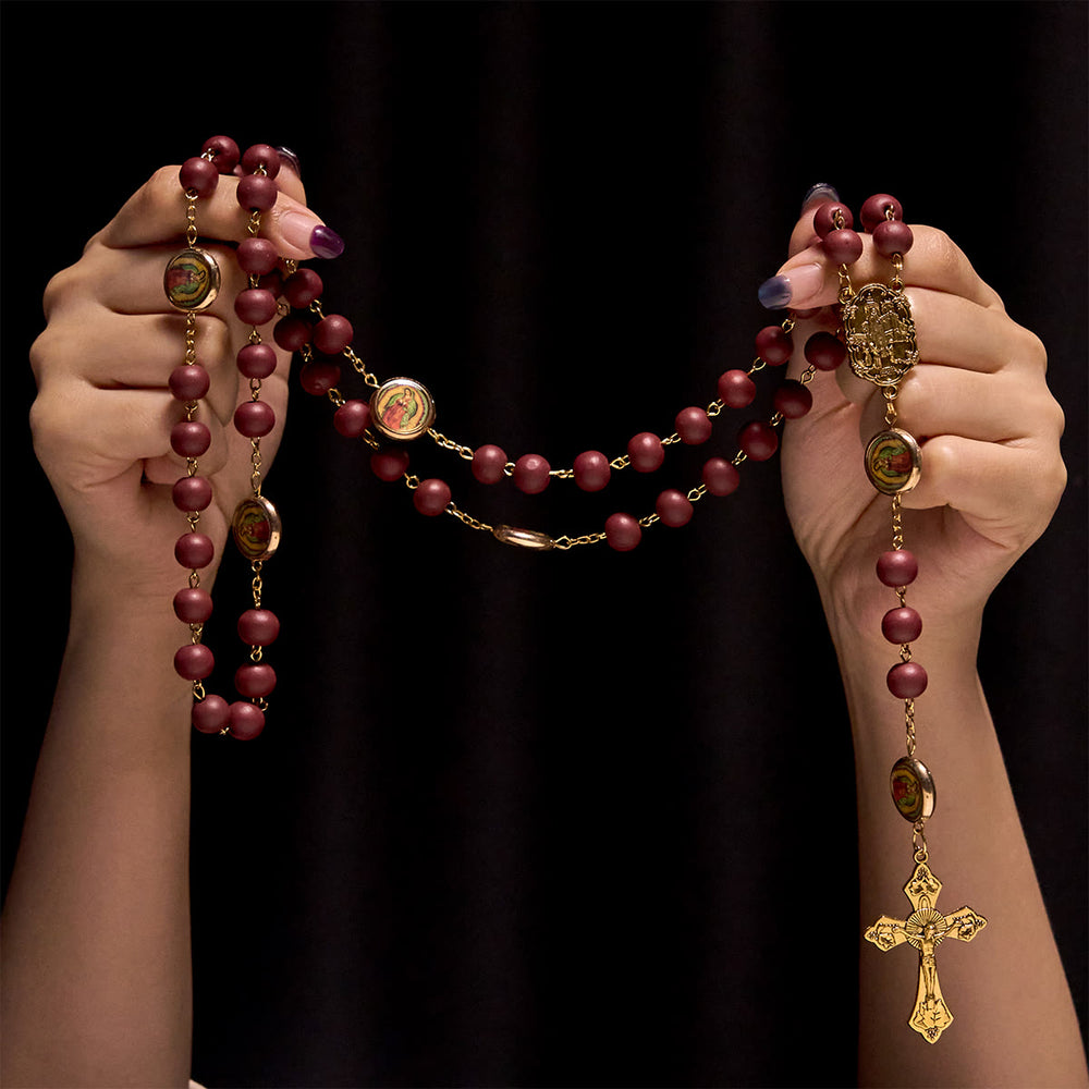 Christianartworkshop Chapelet Notre-Dame de Guadalupe, perles bordeaux élégantes, avec médaille de Fatima - image 1