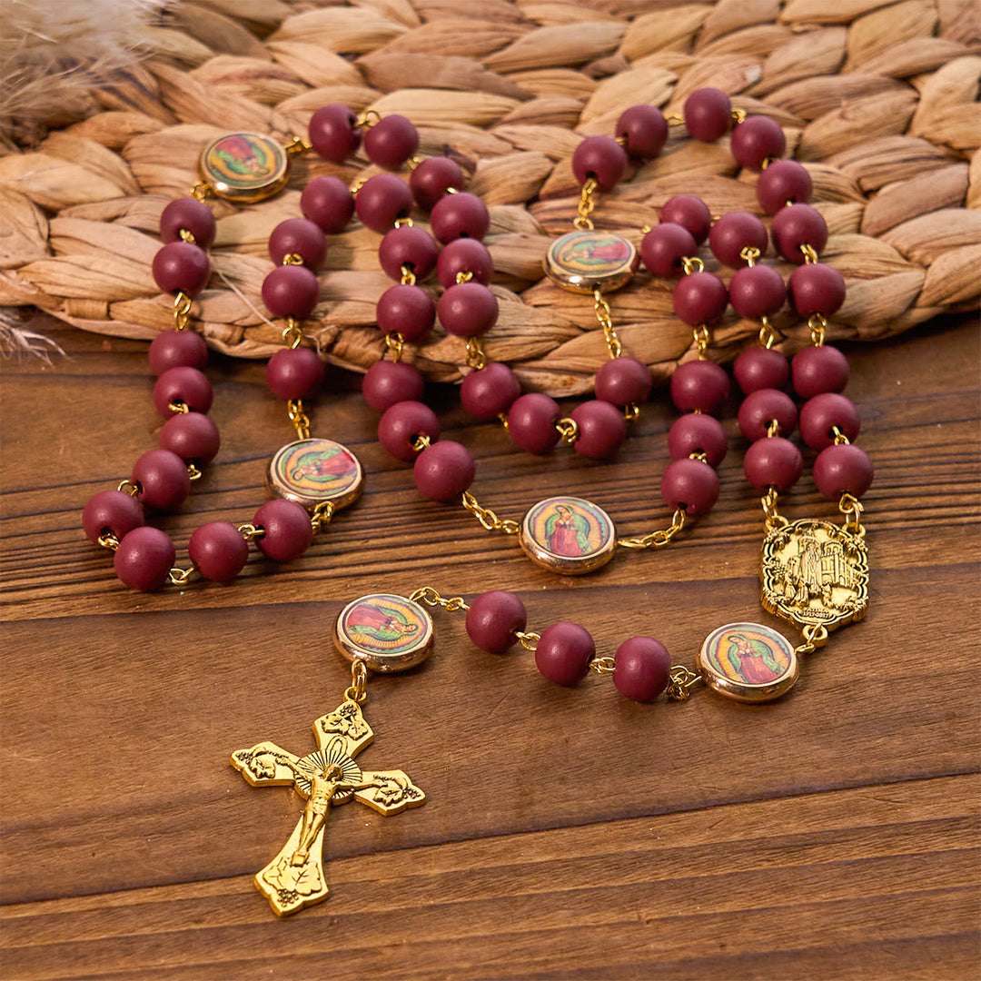Christianartworkshop Chapelet Notre-Dame de Guadalupe, perles bordeaux élégantes, avec médaille de Fatima - image 5