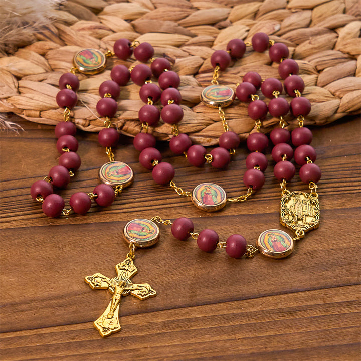 Christianartworkshop Chapelet Notre-Dame de Guadalupe, perles bordeaux élégantes, avec médaille de Fatima - image 5