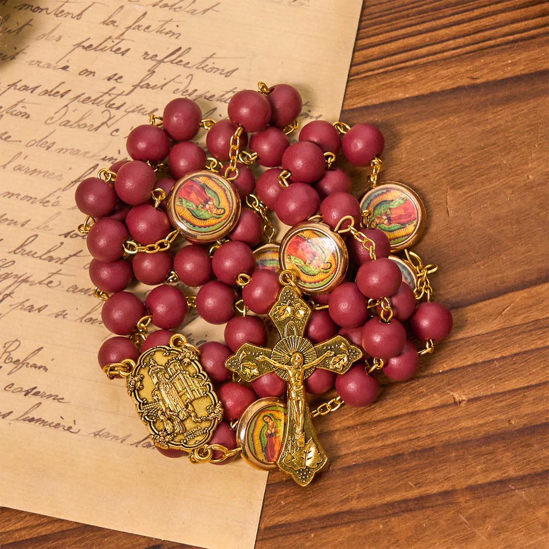 Christianartworkshop Chapelet Notre-Dame de Guadalupe, perles bordeaux élégantes, avec médaille de Fatima - image 4