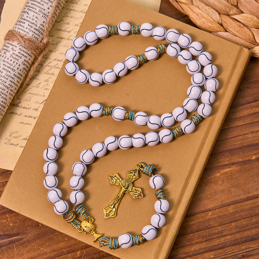 Christianartworkshop Sports - Chapelet de perles en forme de balle de tennis avec crucifix et Saint Graal - Chapelet sur le thème du tennis - image 0