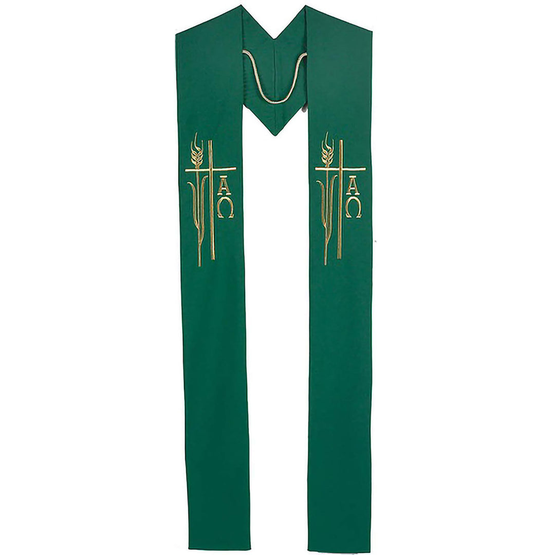 Étole sacrée verte Christianartworkshop le clergé, ornée d'une croix dorée, de blé et des symboles Alpha et Omega. - Vert - Liturgie standard (270 cm au total) - image 0