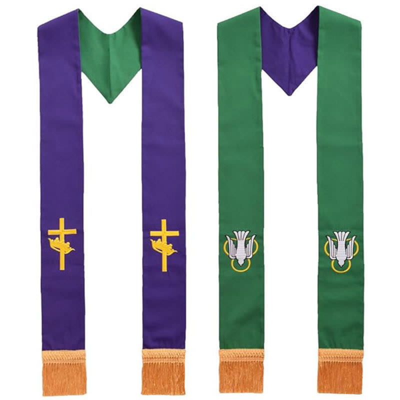 Étole de clergé violette et verte de Christianartworkshop avec croix dorée réversible et motifs du Saint-Esprit - Violet - Liturgie standard (270 cm au total) - image 0