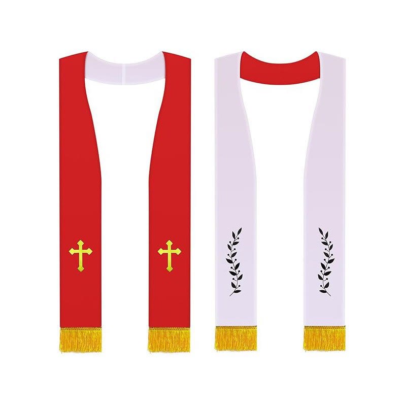 Christianartworkshop Noir - Blanc et Rouge - Étoles blanches pour le clergé ornées de croix dorées et de motifs de branches d'olivier - Rouge - Liturgie standard (270 cm au total) - image 1
