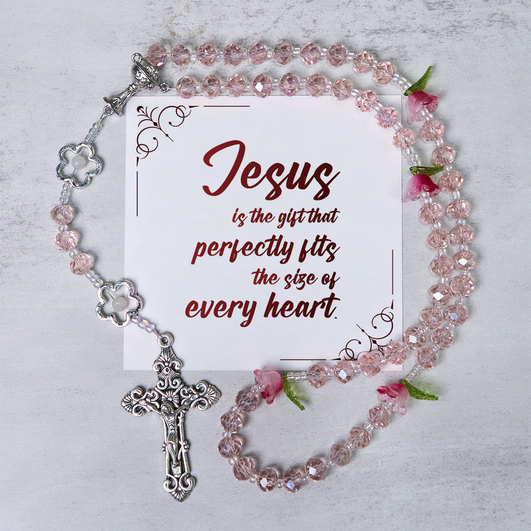Christianartworkshop Jésus est le cadeau : Chapelet élégant en cristal rose fait main avec perles roses en 3D et carte cadeau - Jésus est le don - image 0