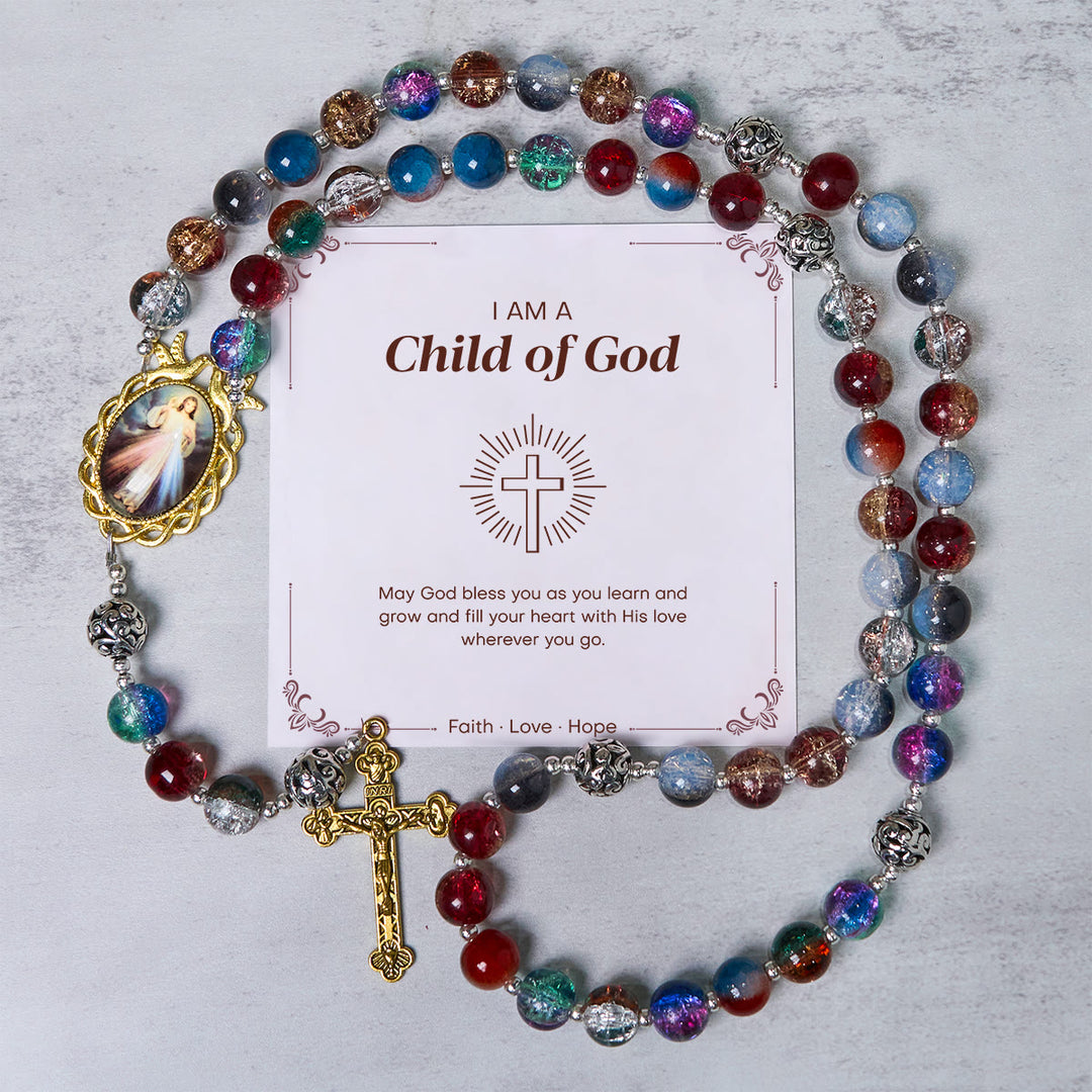 Christianartworkshop FOI PRIÉE : Chapelet crucifix en laiton et perles de verre multicolores dégradées, fait main, avec carte cadeau - Enfant de Dieu - image 0