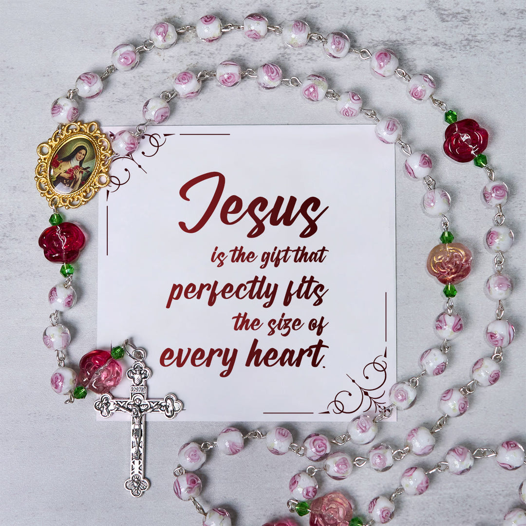 Christianartworkshop FOI PRIÈRE : Chapelet élégant fait main en rose et ivoire avec carte cadeau - Jésus est le don - image 0
