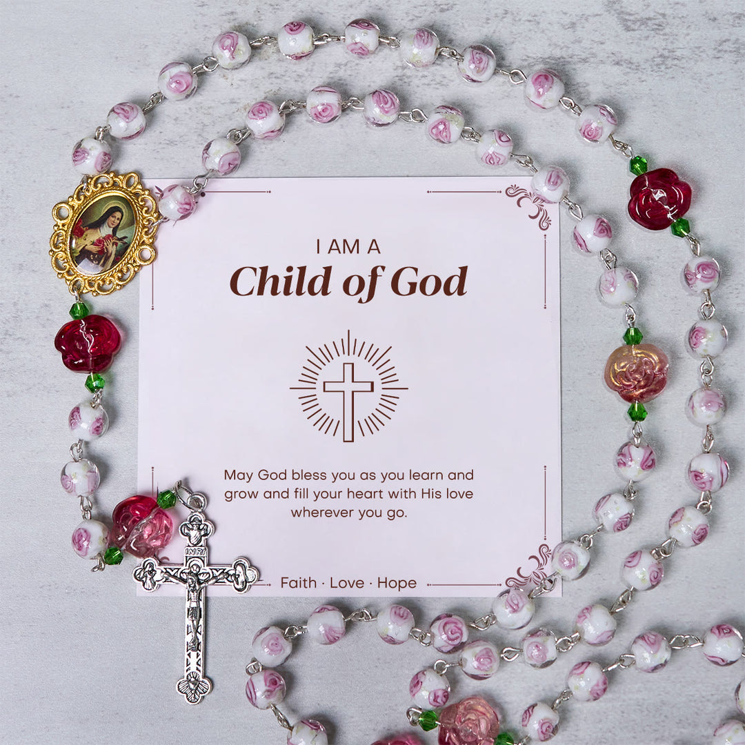 Christianartworkshop FOI PRIÈRE : Chapelet élégant fait main en rose et ivoire avec carte cadeau - Enfant de Dieu - image 1