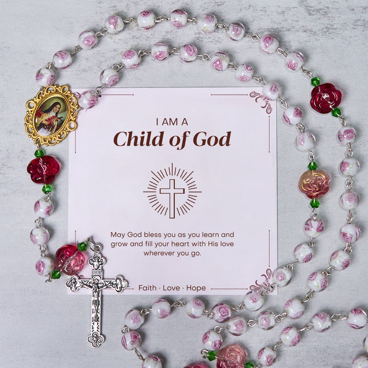 Christianartworkshop FOI PRIÈRE : Chapelet élégant fait main en rose et ivoire avec carte cadeau - Enfant de Dieu - image 1