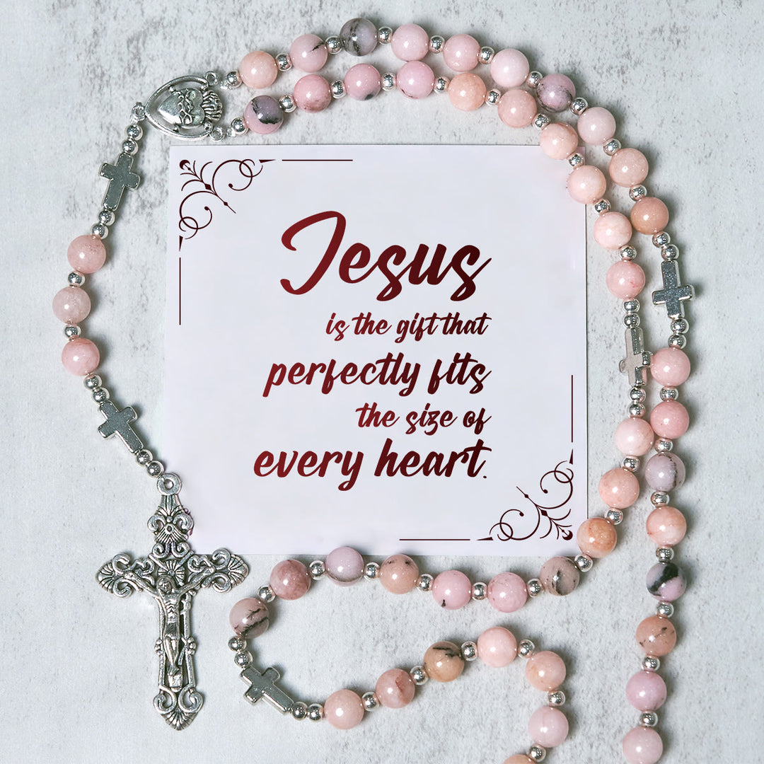 Christianartworkshop FOI PRIÉE : Chapelet fait main à perles rondes roses avec carte cadeau - Jésus est le don - image 1