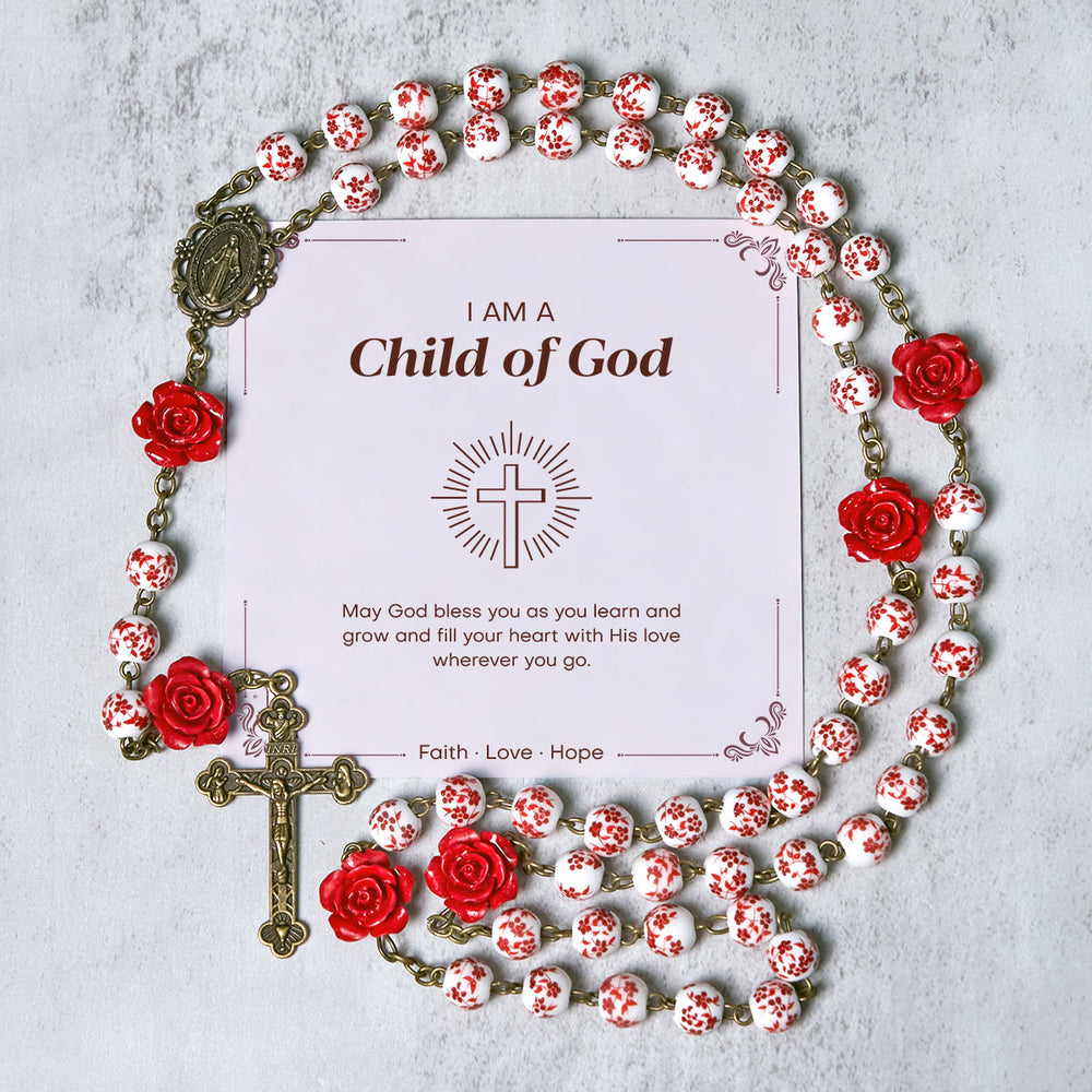Christianartworkshop FOI PRIÉE : Chapelet fait main en perles de rose et de cinabre avec carte cadeau - Enfant de Dieu - image 1