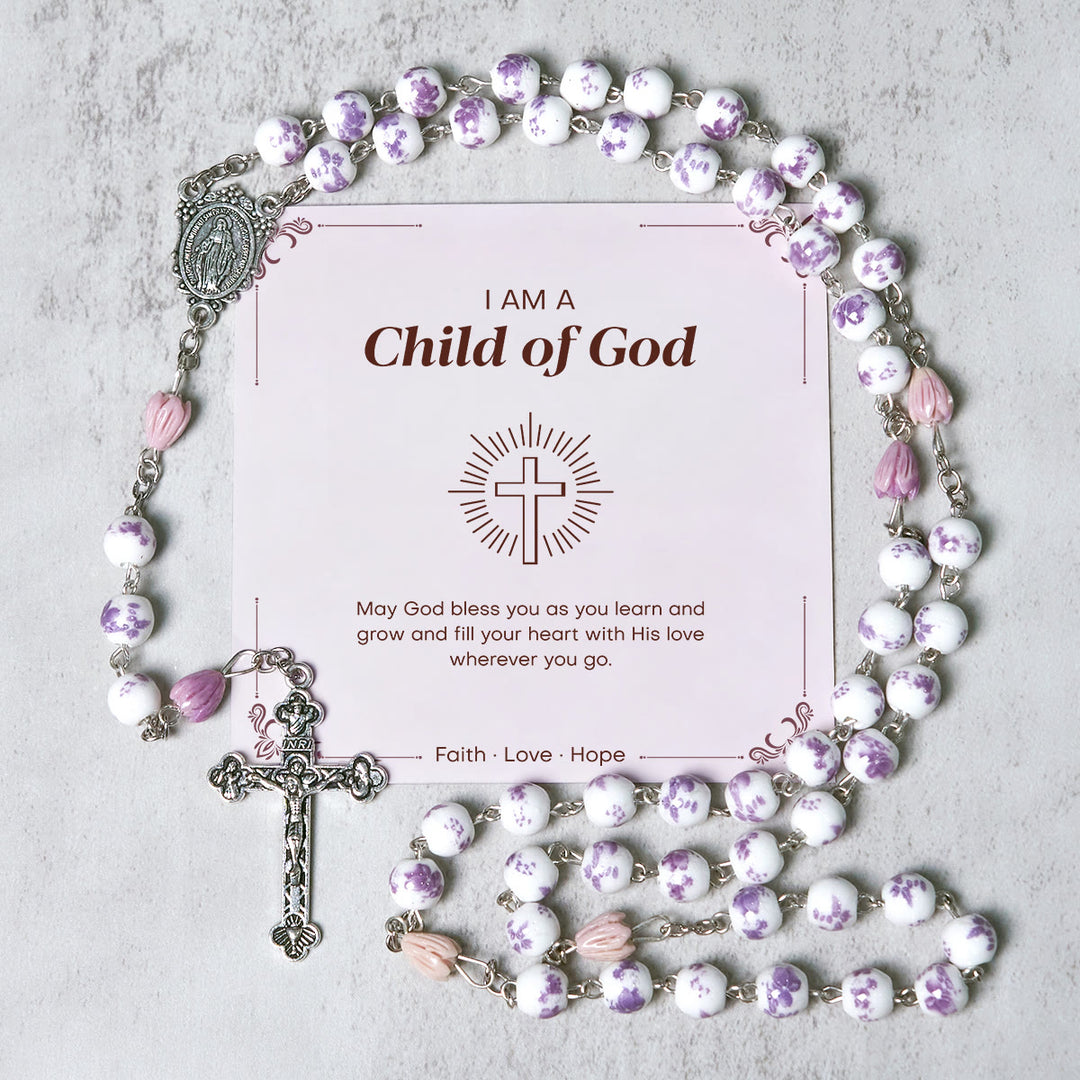 Christianartworkshop FOI PRIÉE : Chapelet fait main en perles de fleurs violettes avec carte cadeau - Enfant de Dieu - image 1