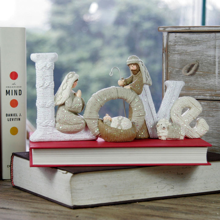 Christianartworkshop Statue décorative de Noël en résine représentant une crèche avec des lettres pailletées beiges - AMOUR - image 0