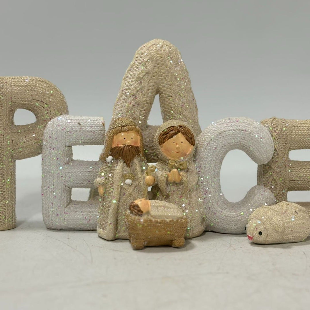 Christianartworkshop Statue décorative de Noël en résine représentant une crèche avec des lettres pailletées beiges - PAIX - image 1